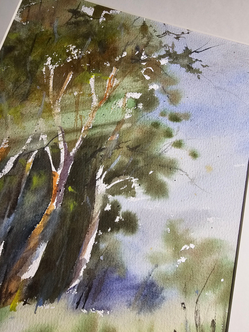 Картина акварельная в паспарту 30х40 см на стену для интерьера "В тени деревьев"