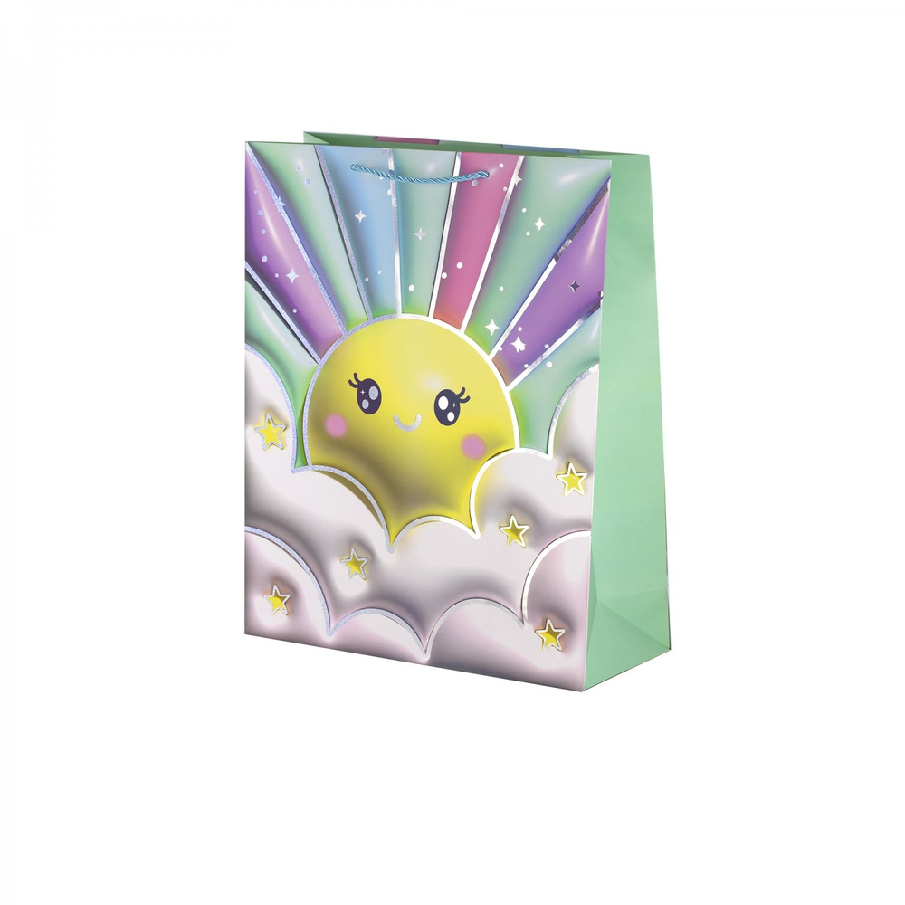 Пакет подарочный бумажный Alingar, (М) 18х23х10 см, вертикальный, "Радуга и облачка", мат. ламинация, тиснение голография, эфффект 3D, ассорти