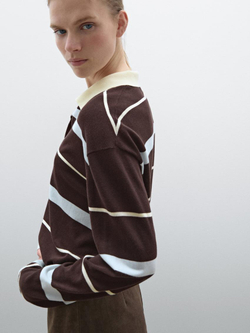 Massimo Dutti Свитер в полоску с воротником поло, шоколадный