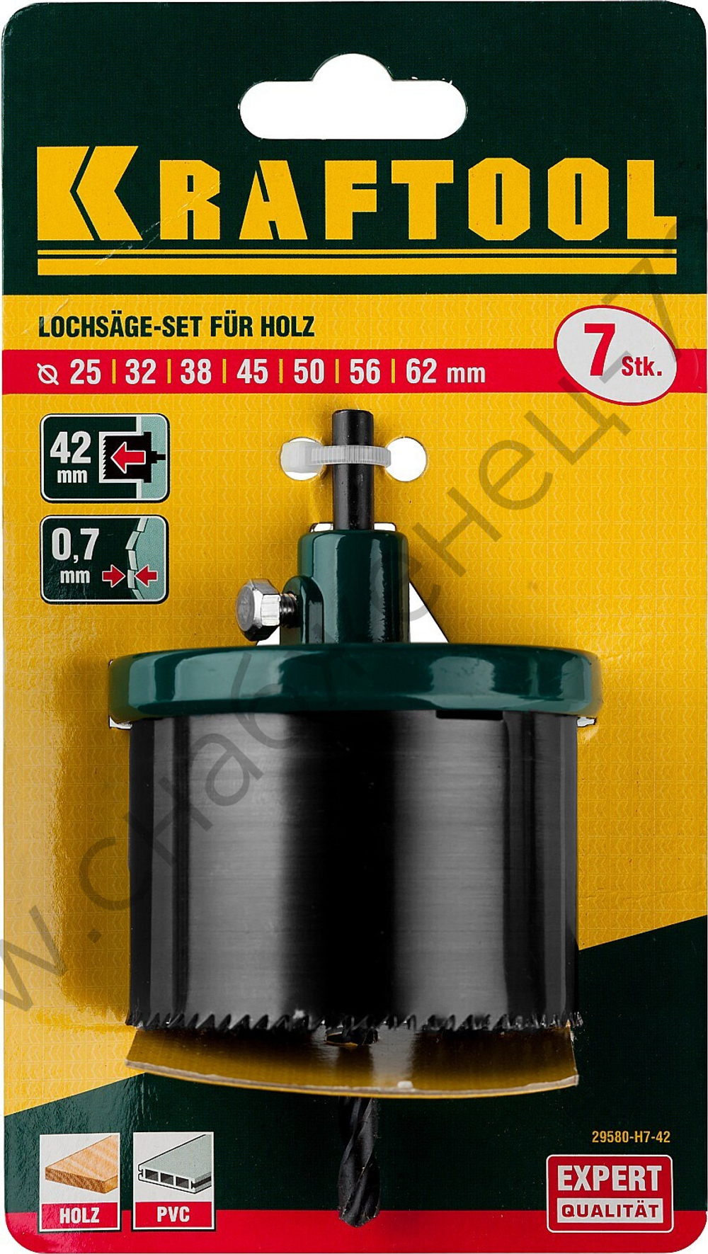 KRAFTOOL 7шт(25-62/42мм) кольцевая пила по дереву, сегментная, наборная: 25-32-38-45-50-56-62х42 мм