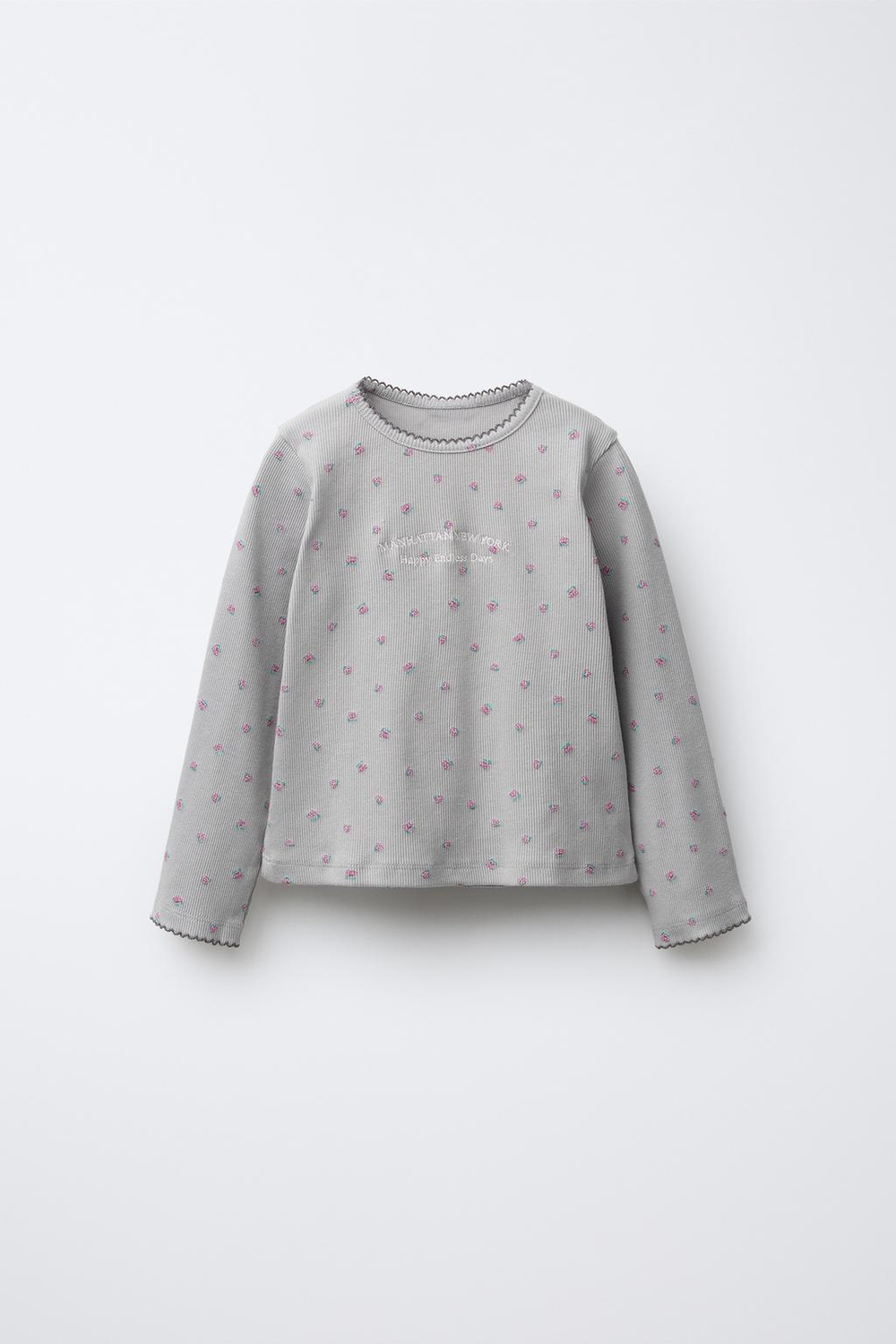 ZARA ФУТБОЛКА В РУБЧИК С ЦВЕТОЧНЫМ ПРИНТОМ И ВЫШИВКОЙ, СВЕТЛО-СЕРЫЙ