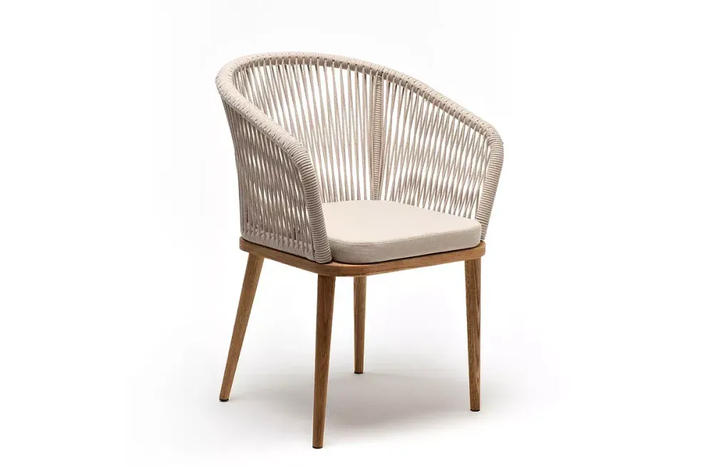 "Марсель" стул плетеный из роупа, основание дуб, роуп бежевый круглый, ткань бежевая 052