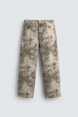 ZARA БРЮКИ BAGGY FIT С АБСТРАКТНЫМ ПРИНТОМ, БЕЖЕВЫЙ