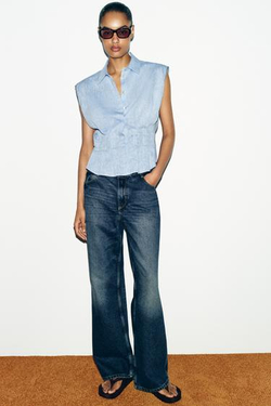 ZARA ТОП ИЗ ЛЬНА С ВЫТАЧКАМИ, СИНИЙ