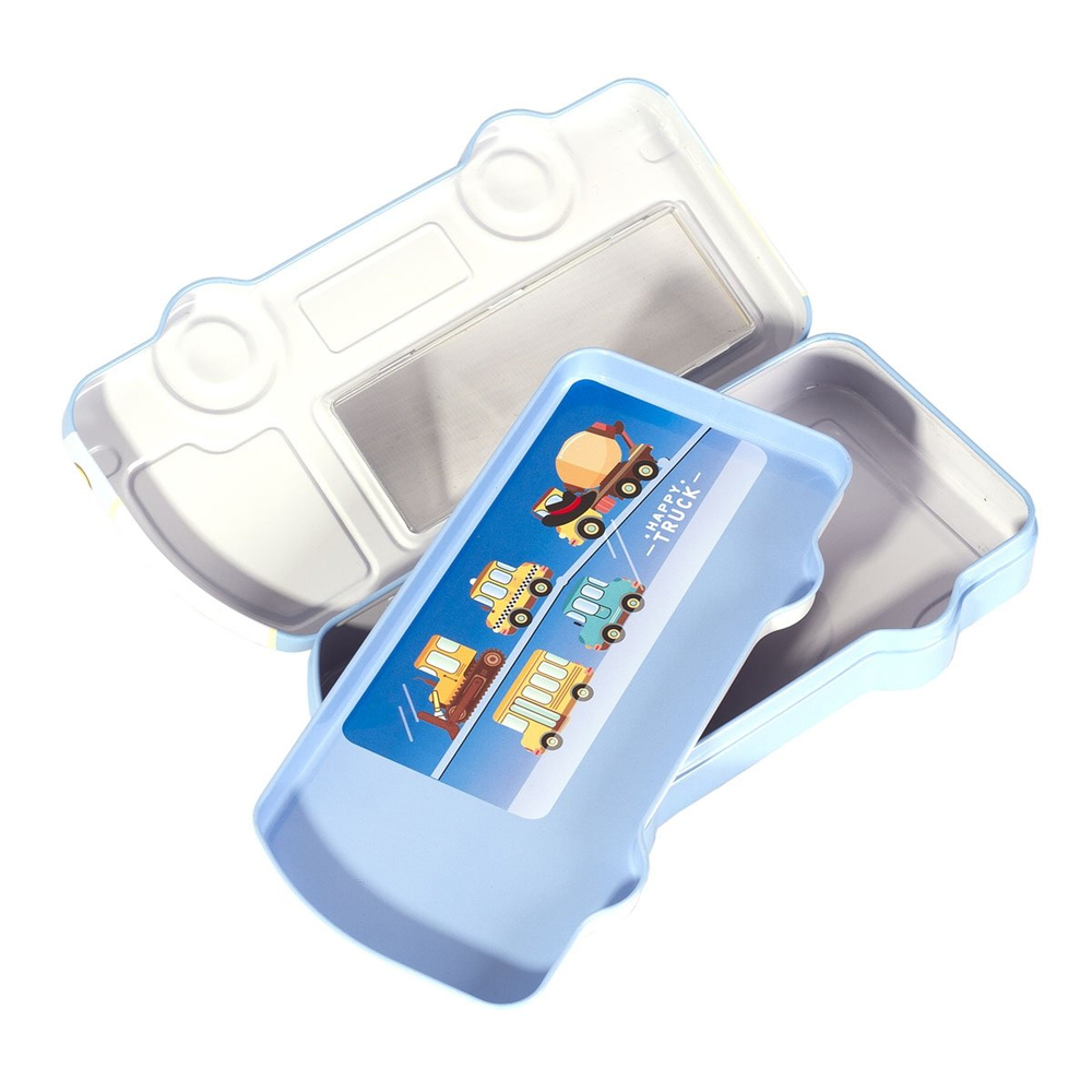 Пенал металлический машина, 2 отделения, Alingar, линейка 15 см, 1 ч/г карандаш, 1 точилка, 1 ластик, 1 меркер, 95 х 210 мм, "Дино за рулем", голубой, европодвес