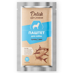 НАБОР Консервы DELISH Super Premium для собак с тунцом и рисом (паштет) - 10 шт х 80 гр
