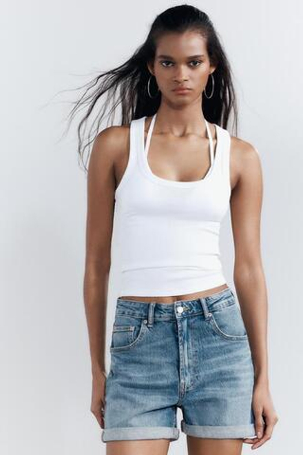 ZARA ДЖИНСОВЫЕ ШОРТЫ TRF HIGH-RISE MOM FIT, СИНИЙ