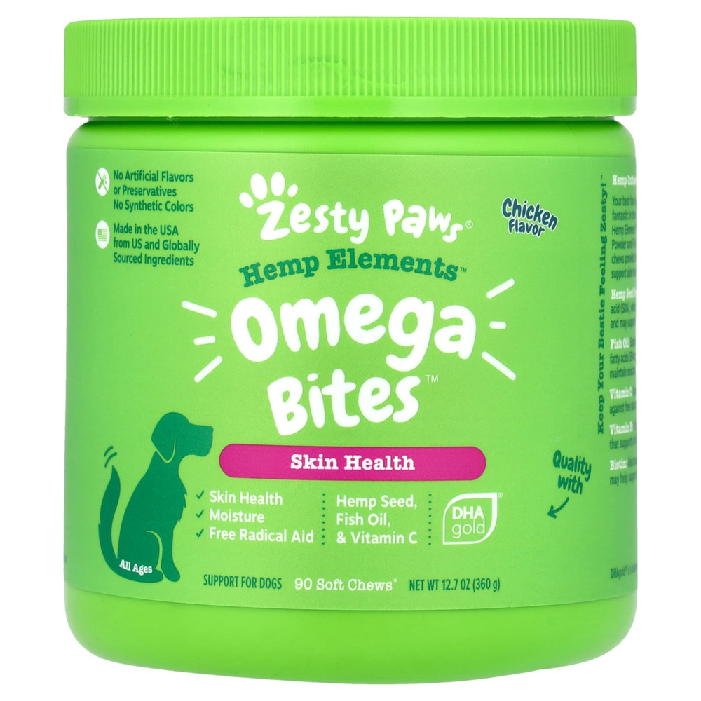 Zesty Paws, Hemp Elements, Omega Bites, для собак, для всех возрастов, с курицей, 90 жевательных таблеток, 360 г (12,7 унции)