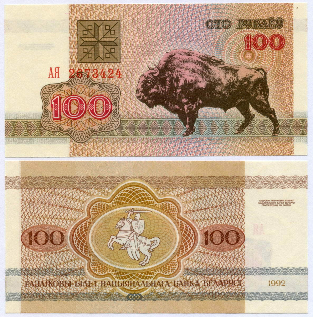Банкнота Беларусь 100 рублей 1992 год. Серия АЯ. UNC
