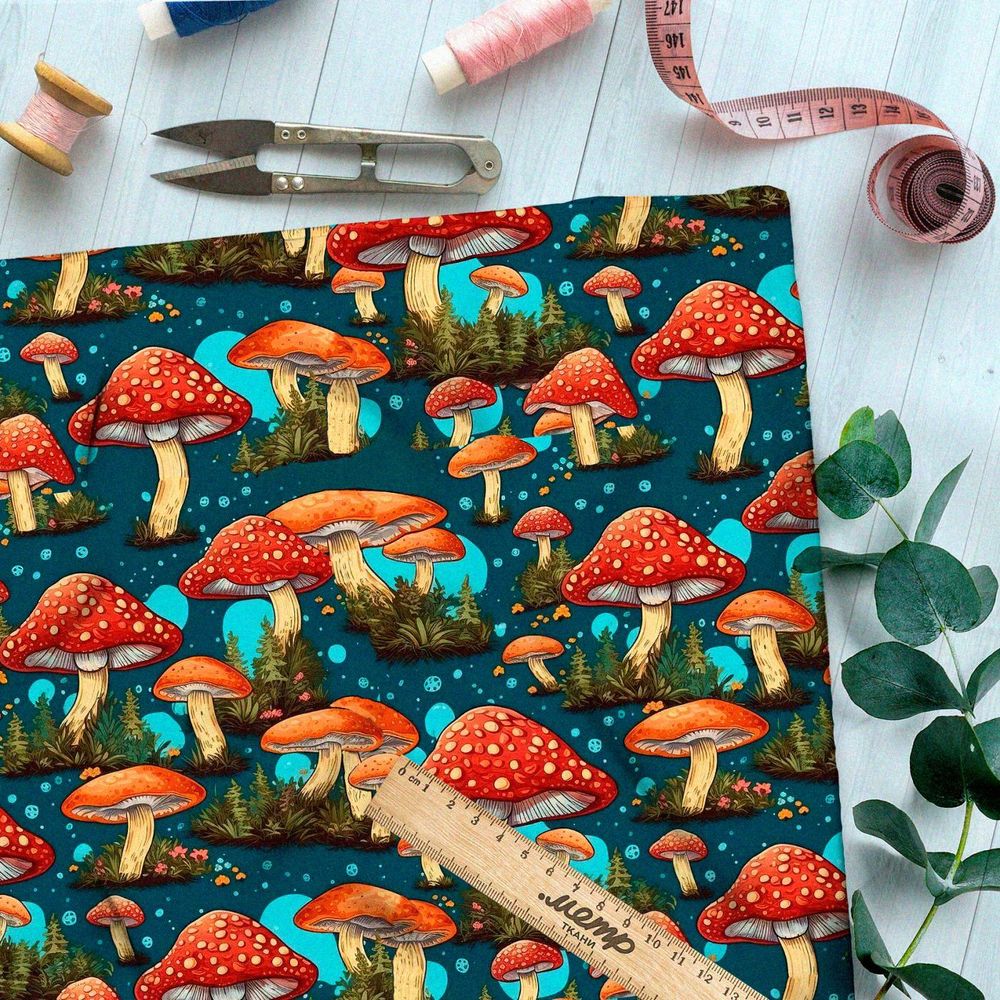 Ткань премиум Оксфорд 600D грибы в сказочном лесу