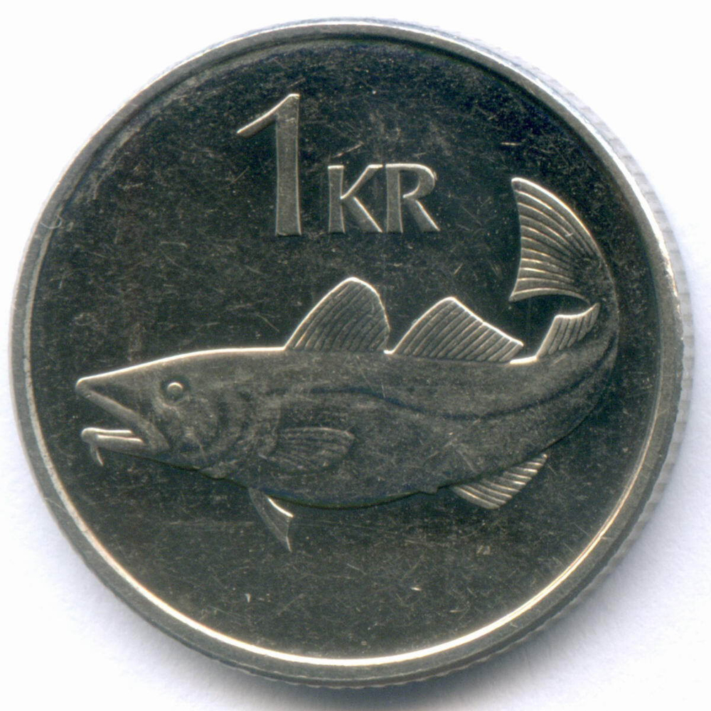 1 крона 2005 год. Исландия. Треска. Сталь с покрытием, диаметр 21.5 мм. XF