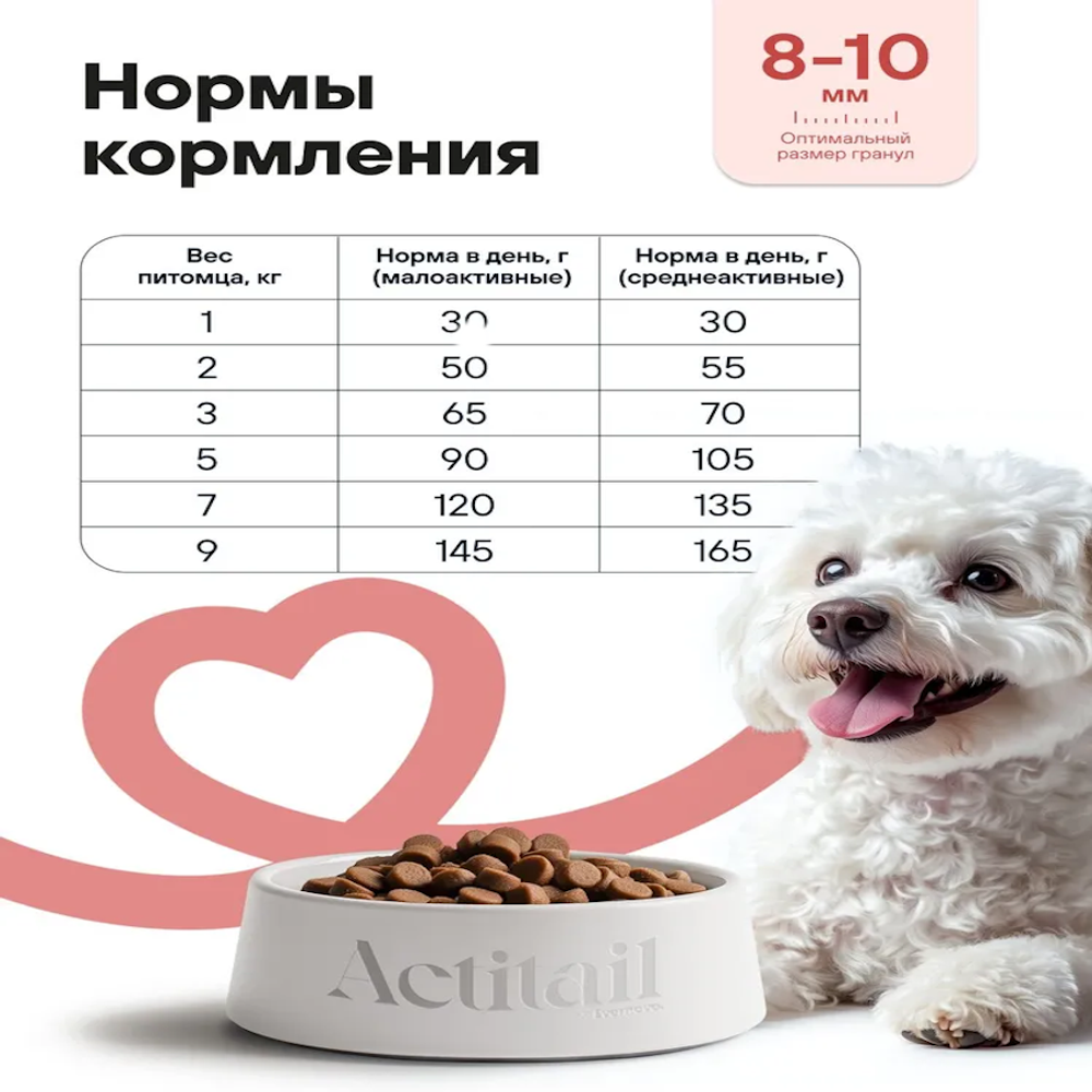 Сухой корм Actitail для красивой шерсти и здоровья кожи мелких пород собак с лососем и добавлением овощей