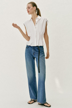 ZARA ТОП ИЗ ЛЬНА С ВЫТАЧКАМИ, БЕЛЫЙ