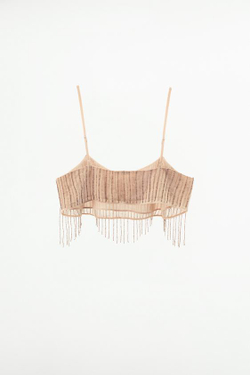 ZARA ТОП ИЗ КРЕПА С БАХРОМОЙ И БУСИНАМИ, БЕЖЕВЫЙ