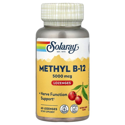 Solaray, Mega Potency Methyl B-12, натуральный вишневый вкус, 5000 мкг, 60 лепешек