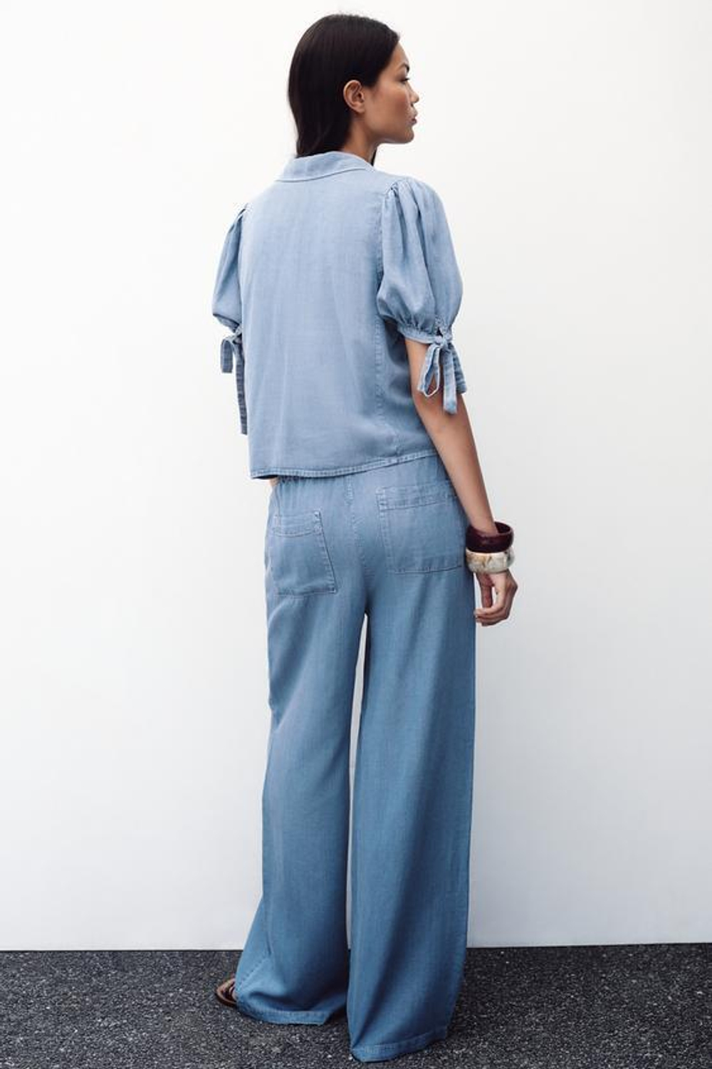 ZARA БРЮКИ С ШИРОКИМИ ШТАНИНАМИ И ЭЛАСТИЧНЫМ ПОЯСОМ, ГОЛУБОЙ