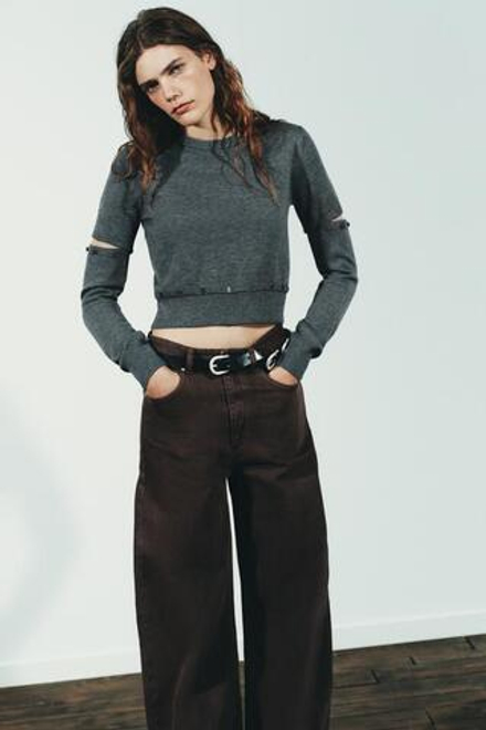 ZARA ДЖИНСЫ TRF EXTRA WIDE LEG С ВЫСОКОЙ ПОСАДКОЙ, КОРИЧНЕВЫЙ