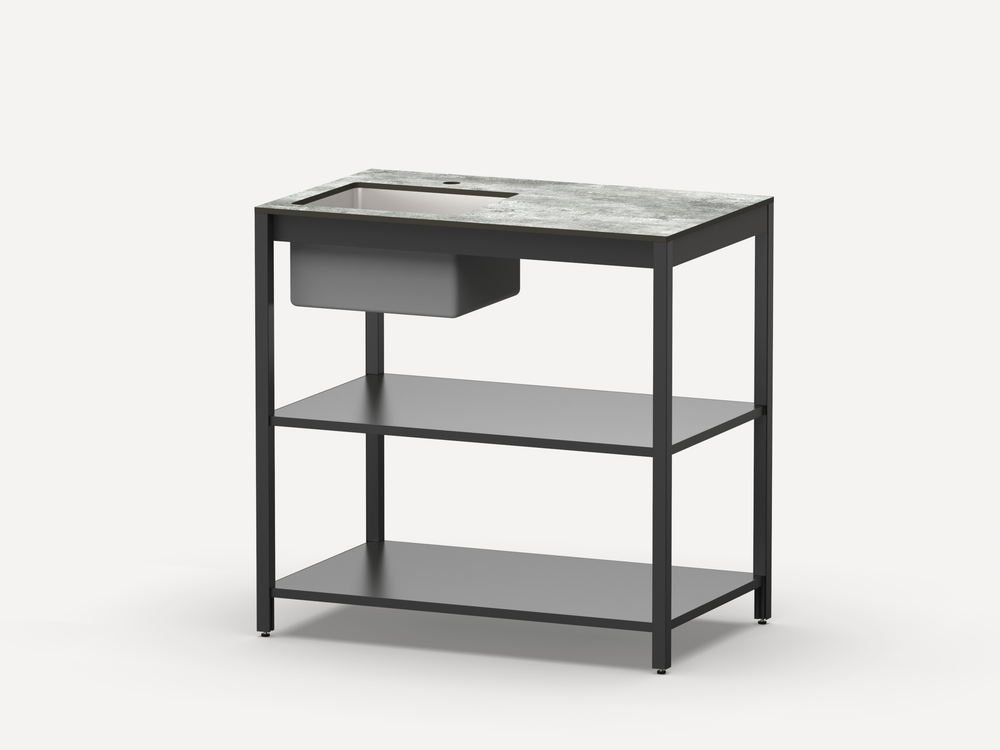 Стол разделочный с мойкой Lounge B-02S-L, 90 см, черный/серый каспий