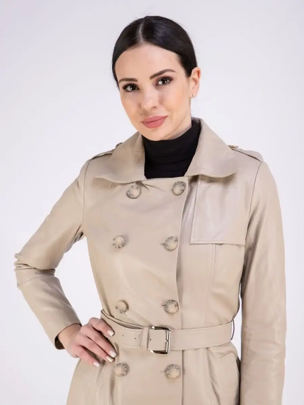 Тренч длинный кожаный с поясом плащ на весну