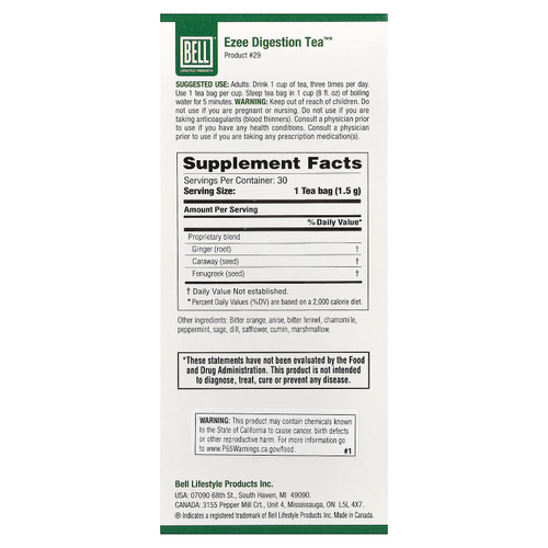 Bell Lifestyle, Ezee Digestion Tea™, 30 чайных пакетиков, 45 г