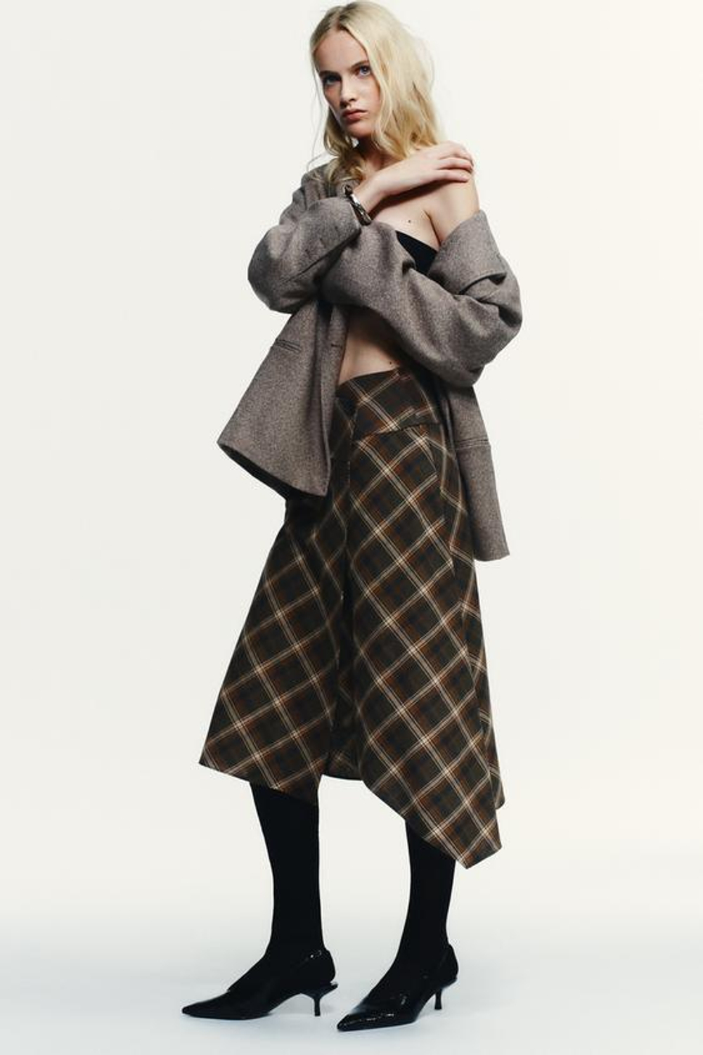 ZARA ЮБКА МИДИ АСИММЕТРИЧНАЯ В КЛЕТКУ, ТЕМНЫЙ ХАКИ