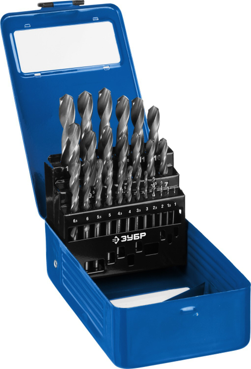 ЗУБР ПРОФ-В 25шт(1-13мм), Набор сверл по металлу, сталь Р6М5, класс В, мет.бокс