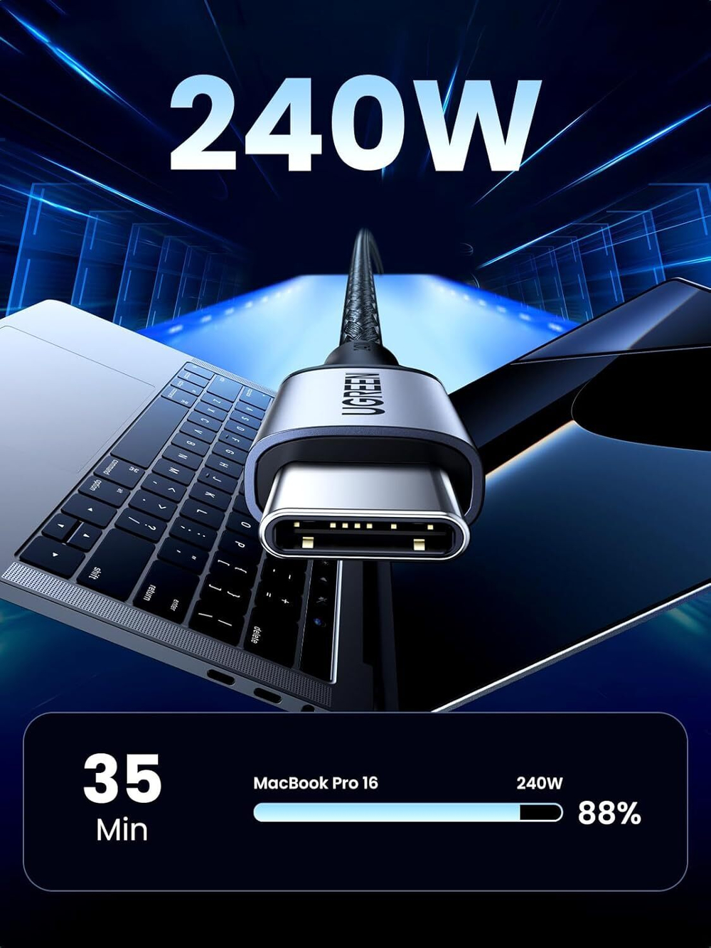 Кабель USB C - USB C, 480Mbps, 5A, QC4.0/PD3.1, 240W, 2m, UGREEN 90440