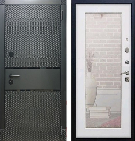 Входная металлическая дверь с зеркалом RеX (РЕКС) 15 Чешуя кварц черный, фурнитура хром/ Пастораль силк сноу