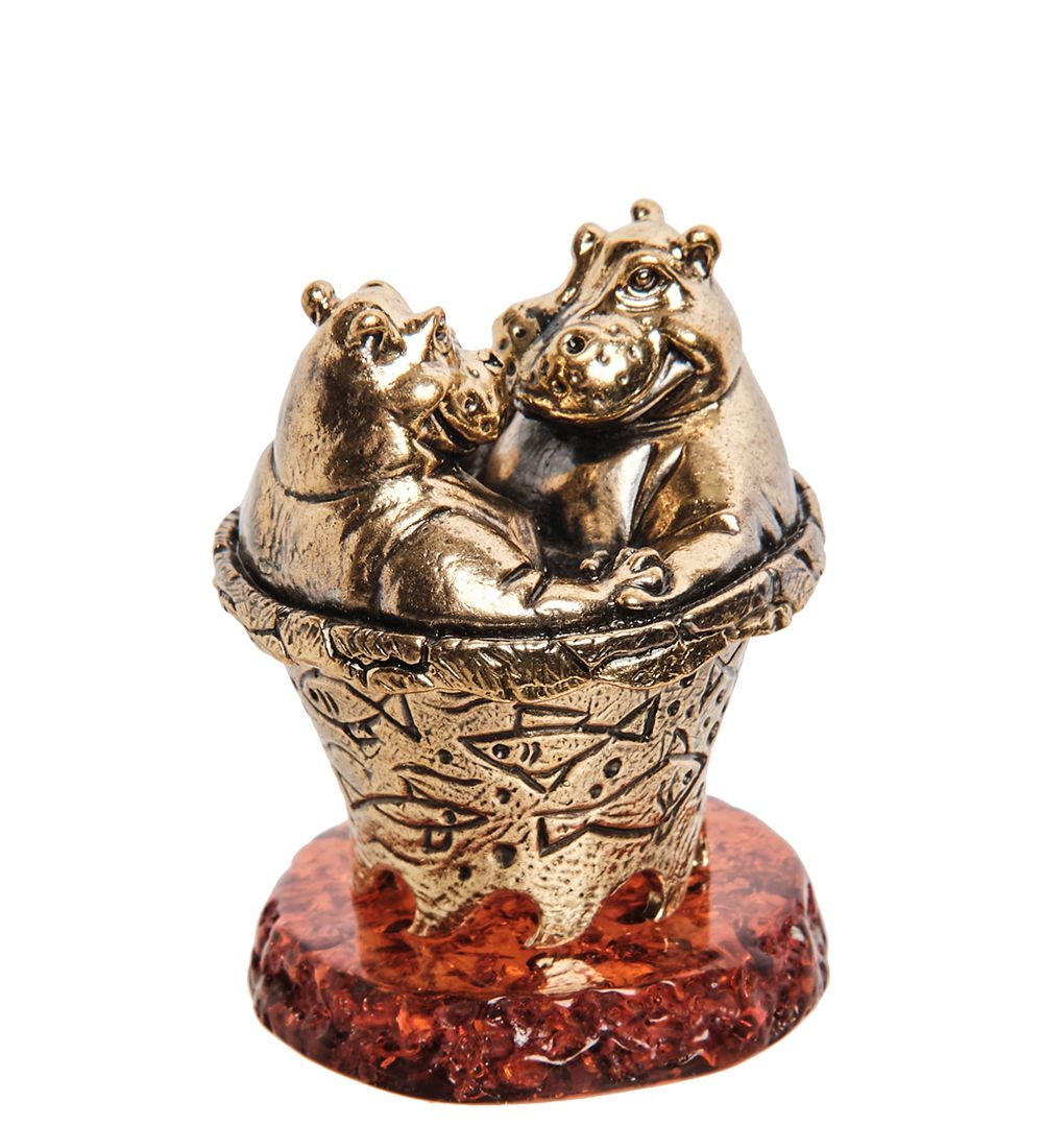 Народные промыслы AM-3272 Шкатулка «Бегемоты Романтик « (латунь, янтарь)