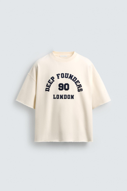 ZARA ТОЛСТОВКА BOXY FIT С ПРИНТОМ-НОМЕРОМ, ЖЕЛТОВАТО-БЕЛЫЙ
