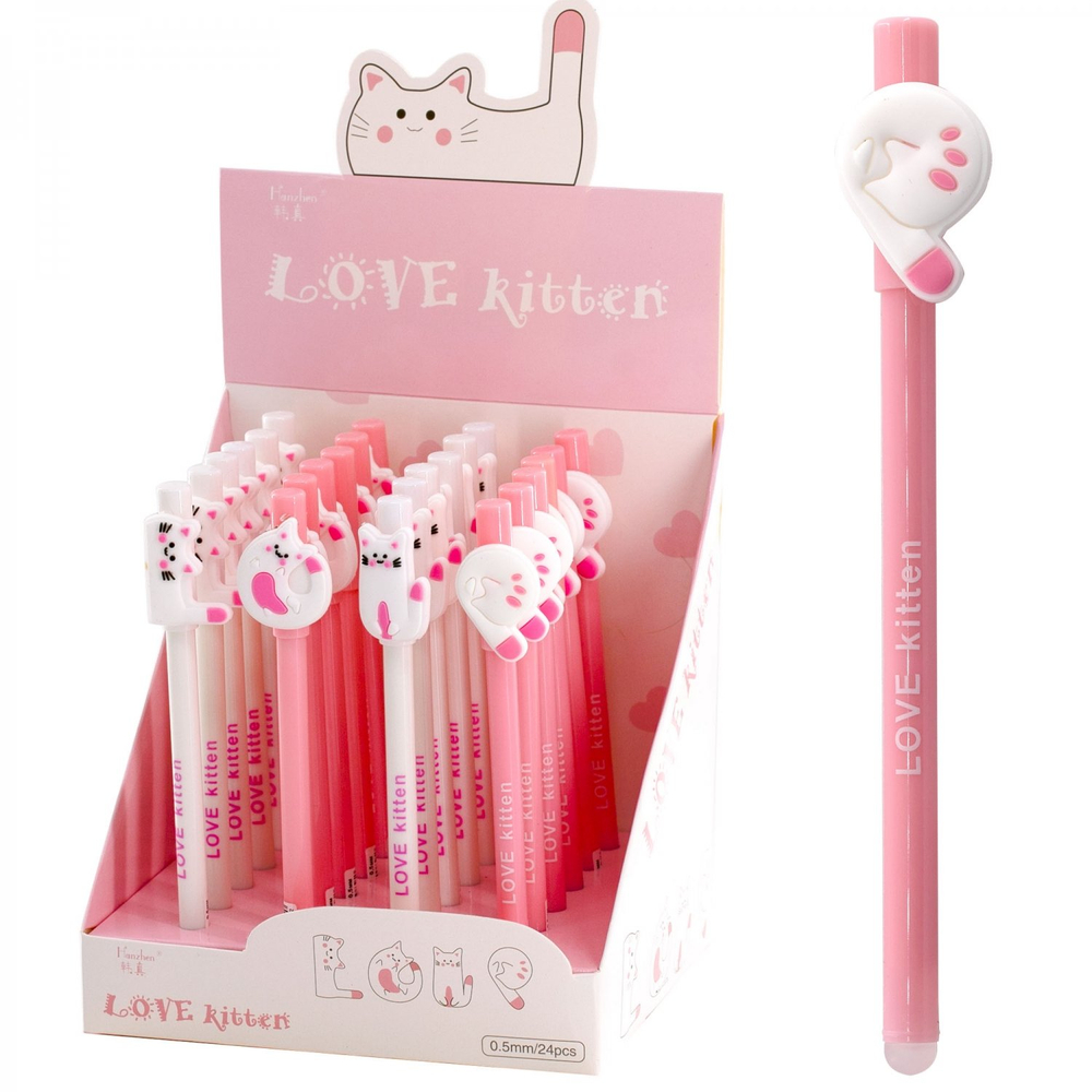 Ручка гелевая пиши-стирай Alingar, "LOVE kitten", 0,5 мм, синяя, фигурный колпачок, иголь. наконечник, круглый, цветной, пластик. корпус, карт. уп.