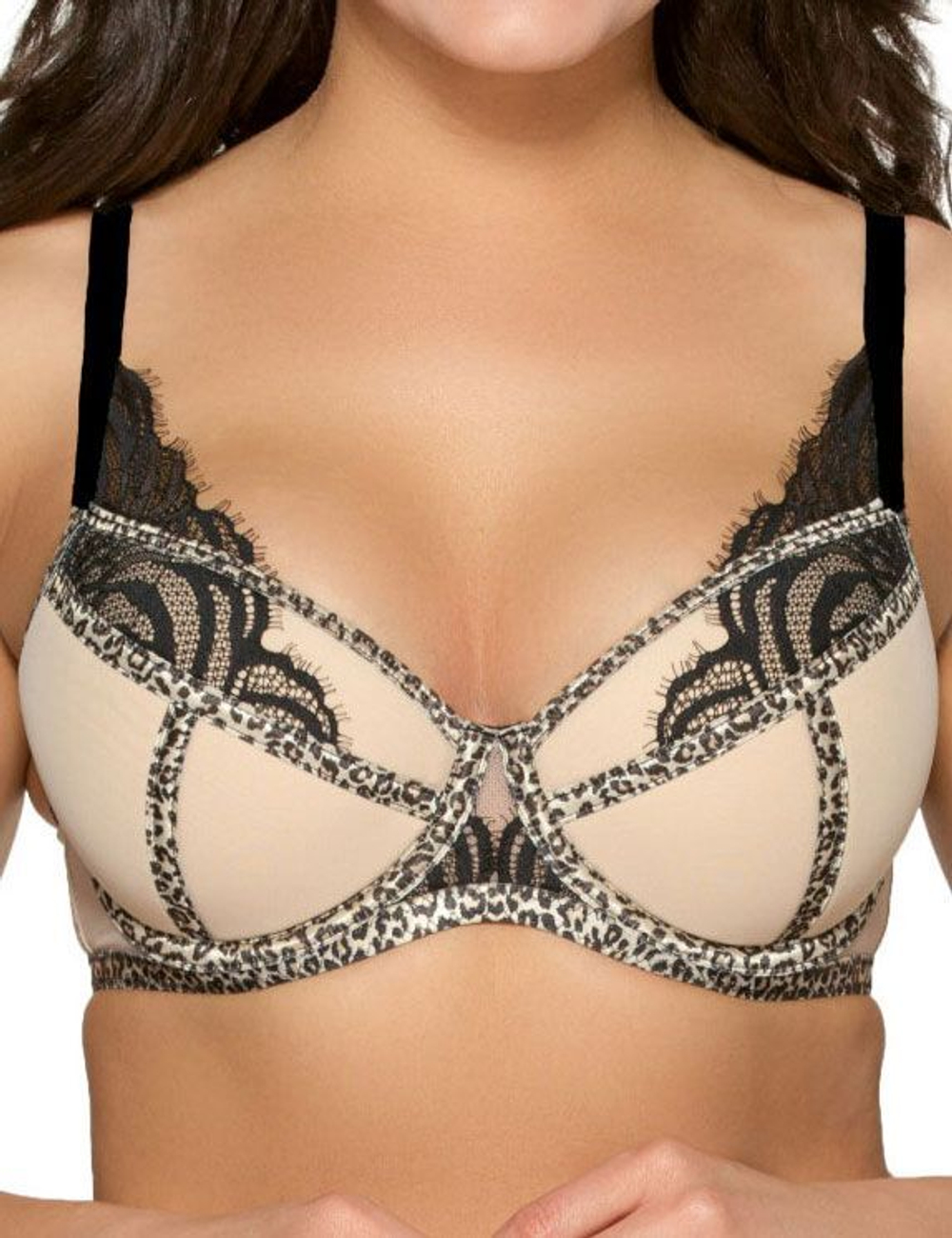 Пуш-ап бюстгальтер с контрастным кружевом и леопардовой отделкой (Размер: 70G) (Цвет: телесный)