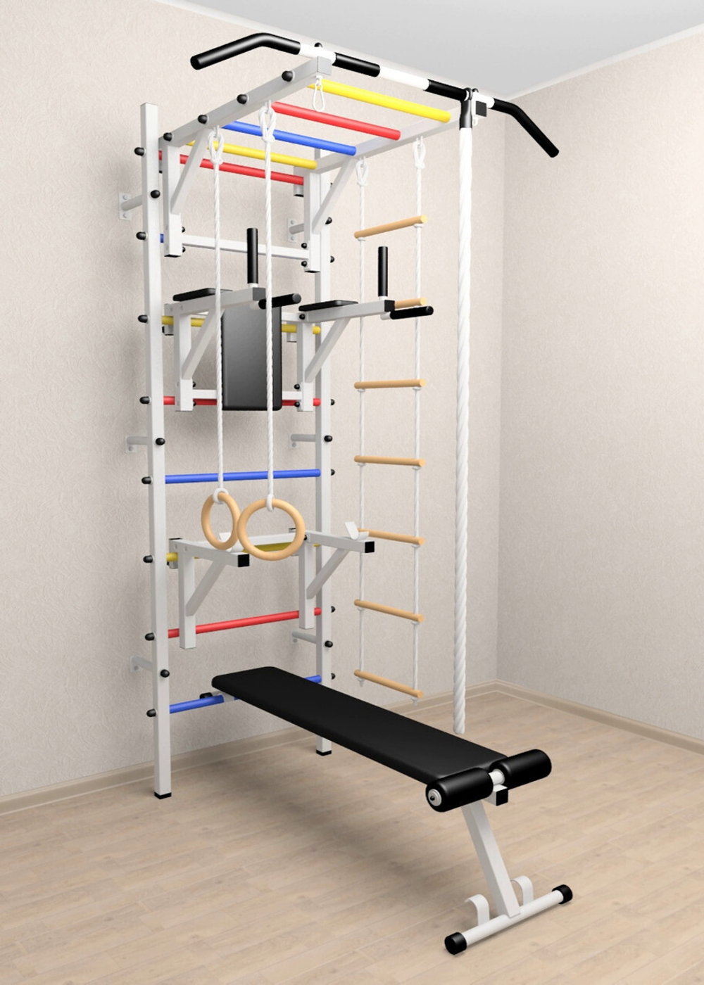 Шведская стенка Sv Sport усиленная 627 (Турник рукоход/Брусья/Стойка/Скамья/Канат/Kольца/Лестница)