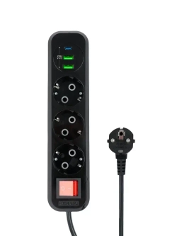 Сетевой фильтр Гарнизон с базовой защитой с заземлением с выключателем 3 розетки, 10A, 1xType-C, 2xUSB, 2 метра, черный