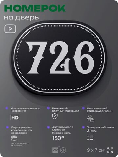 Номерок на дверь квартиры 726, для кабинета, офиса, шильдик 9 х 7 см, черный, Айдентика Технолоджи
