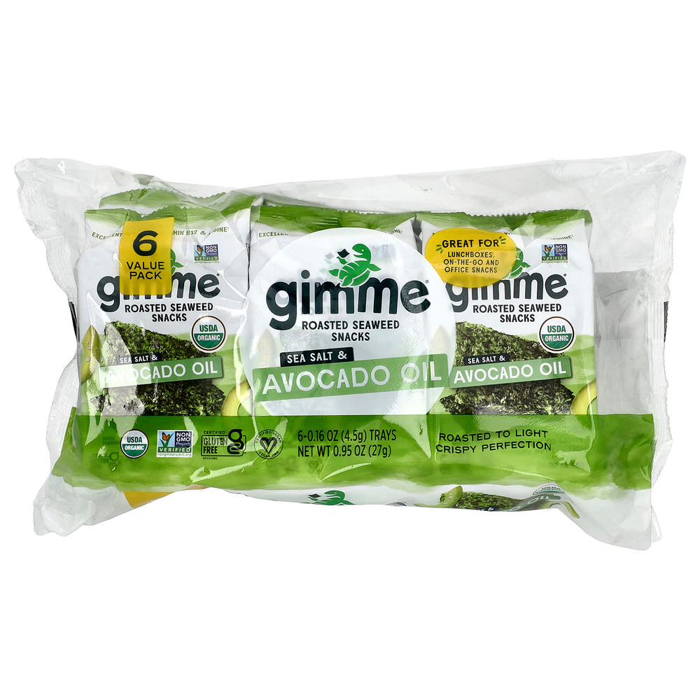 gimMe, снеки из жареных морских водорослей, морская соль и масло авокадо, 6 пакетиков по 4,5 г (0,16 унции)
