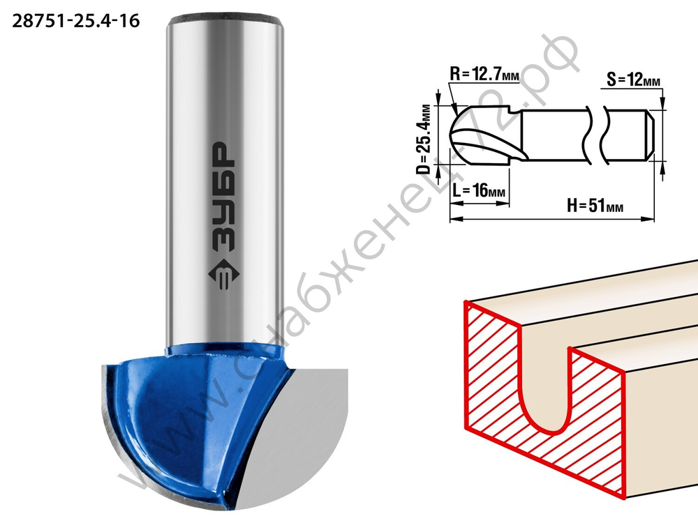 ЗУБР 25.4x16мм, радиус 12.7мм, фреза пазовая галтельная