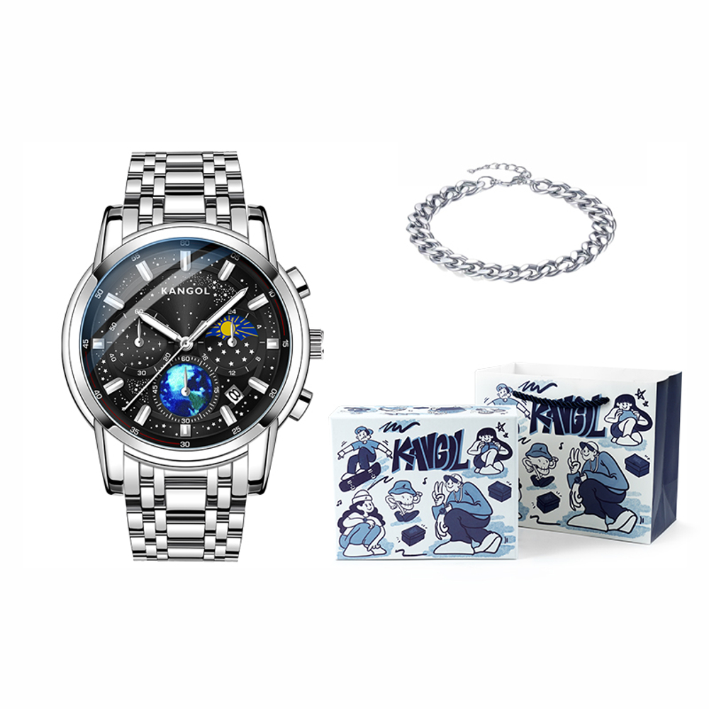 KANGOL Trendy Era Iron Heart Black Warrior Quartz Movement Stainless Steel Watchband Watch Men"s Watches