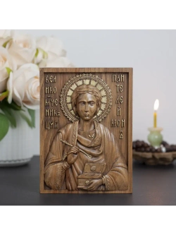 Пантелеймон Целитель икона деревянная резная, бук