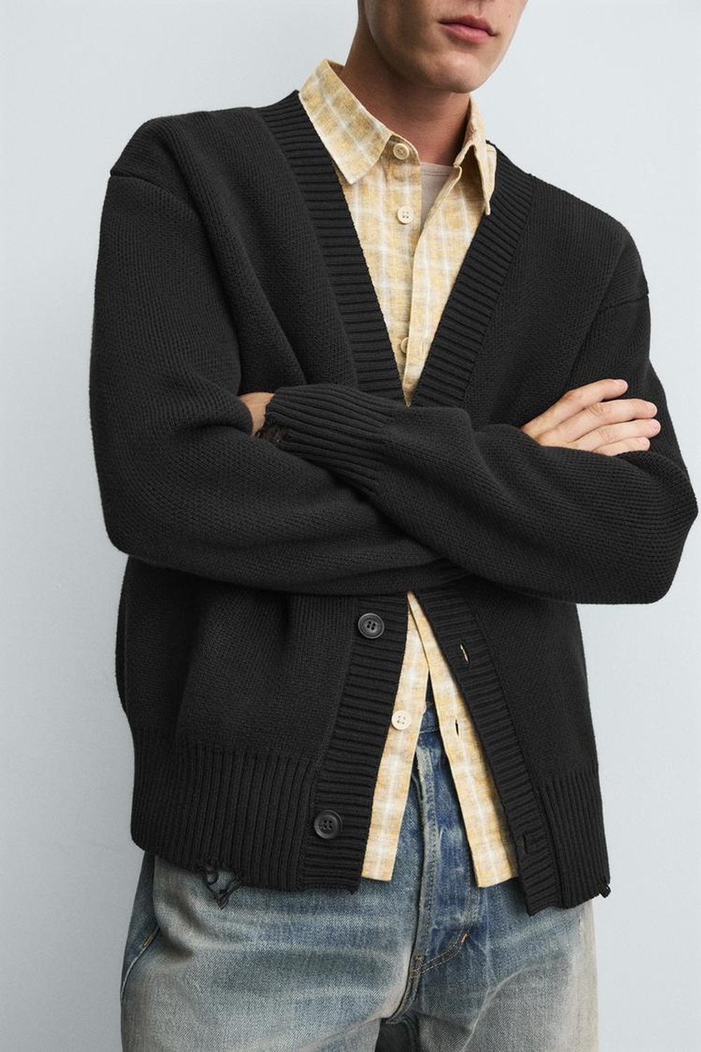 ZARA КАРДИГАН В РУБЧИК С ЭФФЕКТОМ ПОТЕРТОСТИ, ЧЕРНЫЙ