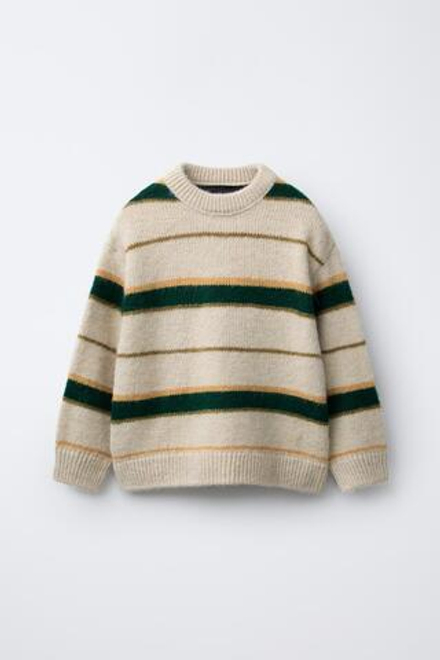 ZARA ТРИКОТАЖНЫЙ ДЖЕМПЕР В ПОЛОСКУ, БЕЖЕВЫЙ/ЗЕЛЕНЫЙ