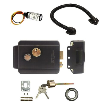 Электромеханический замок ЧЕРНЫЙ уличный накладной для калитки. Гибкий переход. Блок управления замком.