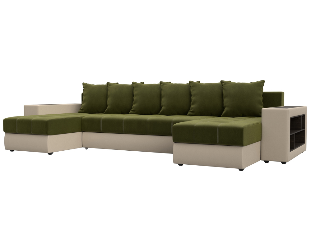 Диван П-образный Дубай полки справа, Зеленый\Бежевый, Микровельвет\Экокожа, 31511R