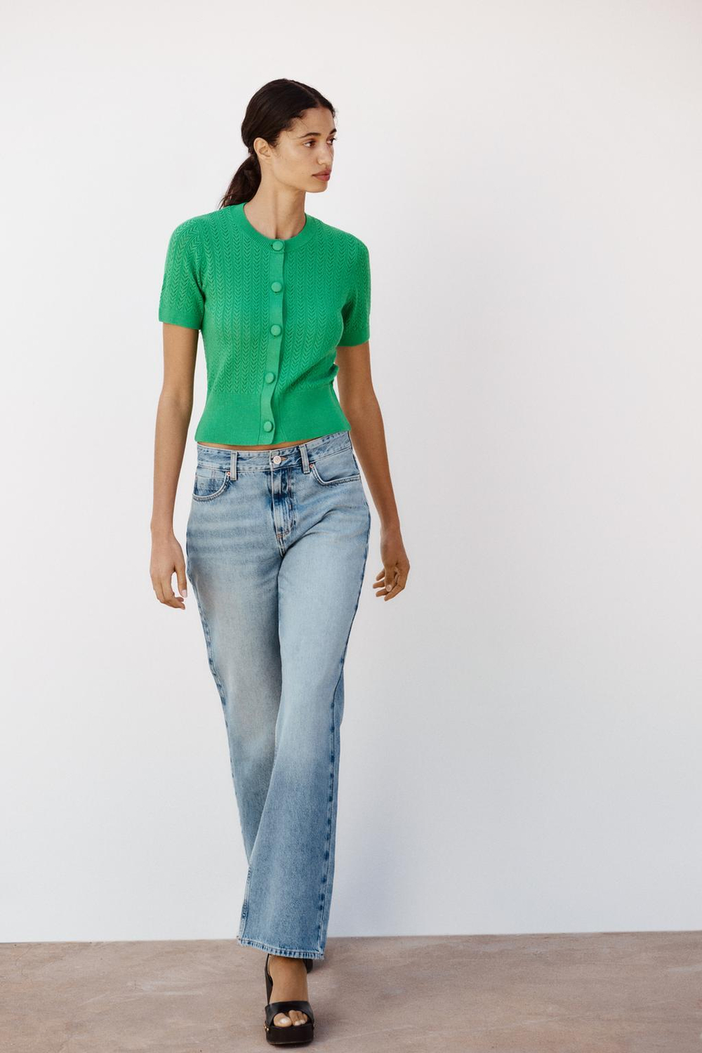 ZARA КАРДИГАН АЖУРНОЙ ВЯЗКИ, ЗЕЛЕНЫЙ