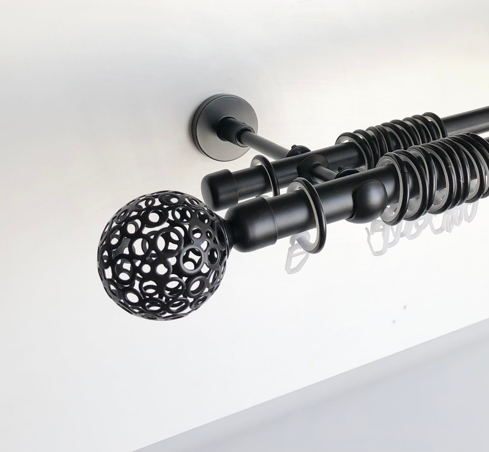 Карниз кованый для штор Шар ажурный d20/16 двухрядный, цвет черный матовый