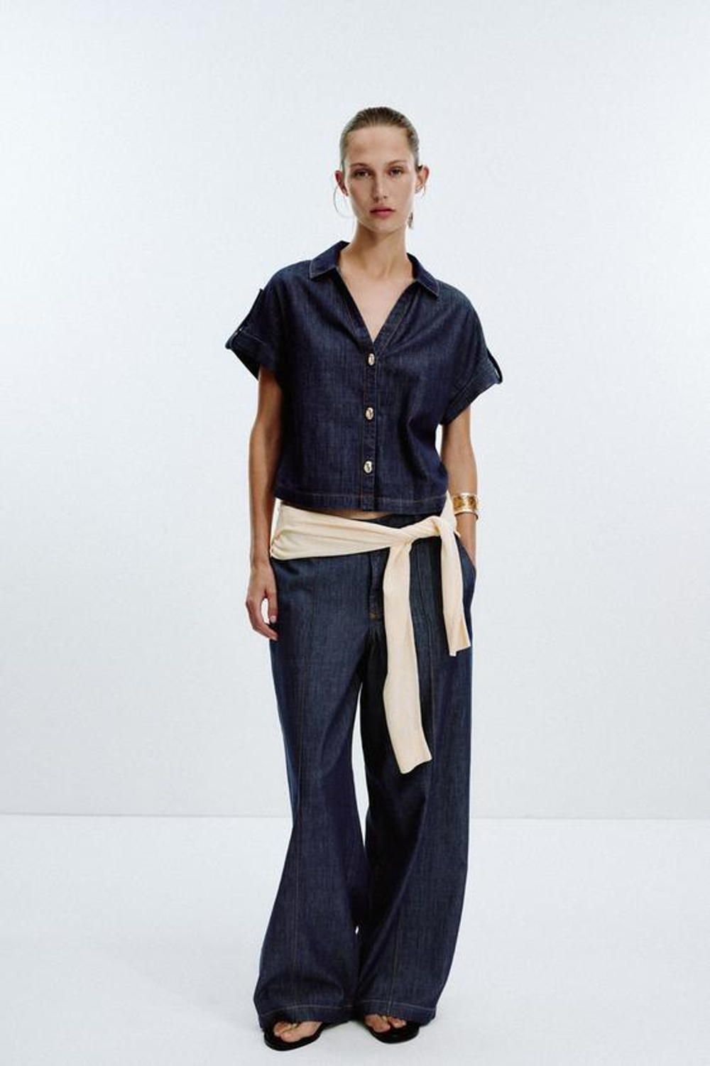 ZARA ДЖИНСЫ Z1975 WIDE LEG С ДЕКОРАТИВНОЙ СТРОЧКОЙ, СИНИЙ