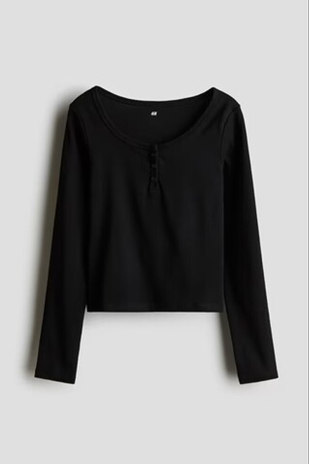 H&M Трикотажный топ с длинным рукавом, черный