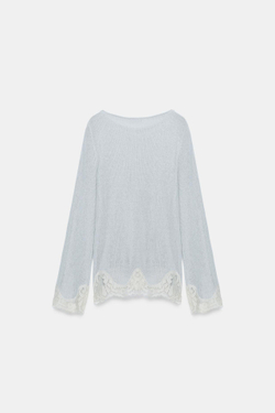 ZARA ТОП В СТИЛЕ РУСТИК С КРУЖЕВОМ, НЕОНОВЫЙ СИНИЙ