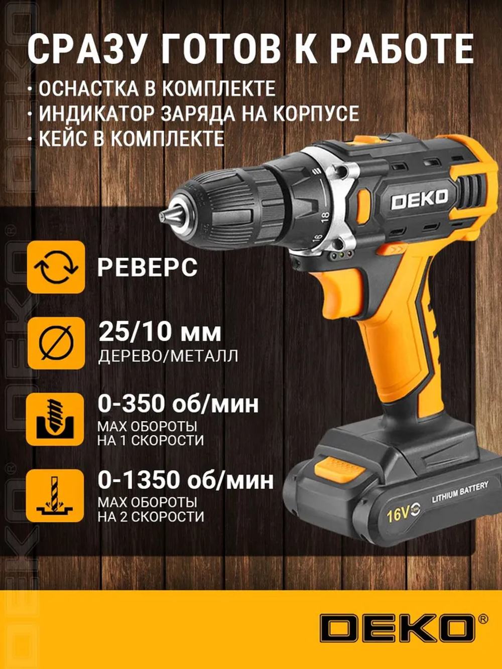Аккумуляторная дрель-шуруповерт DEKO Banger 16V в кейсе + набор 63 инструмента для дома, 16В, 2х1.5Ач