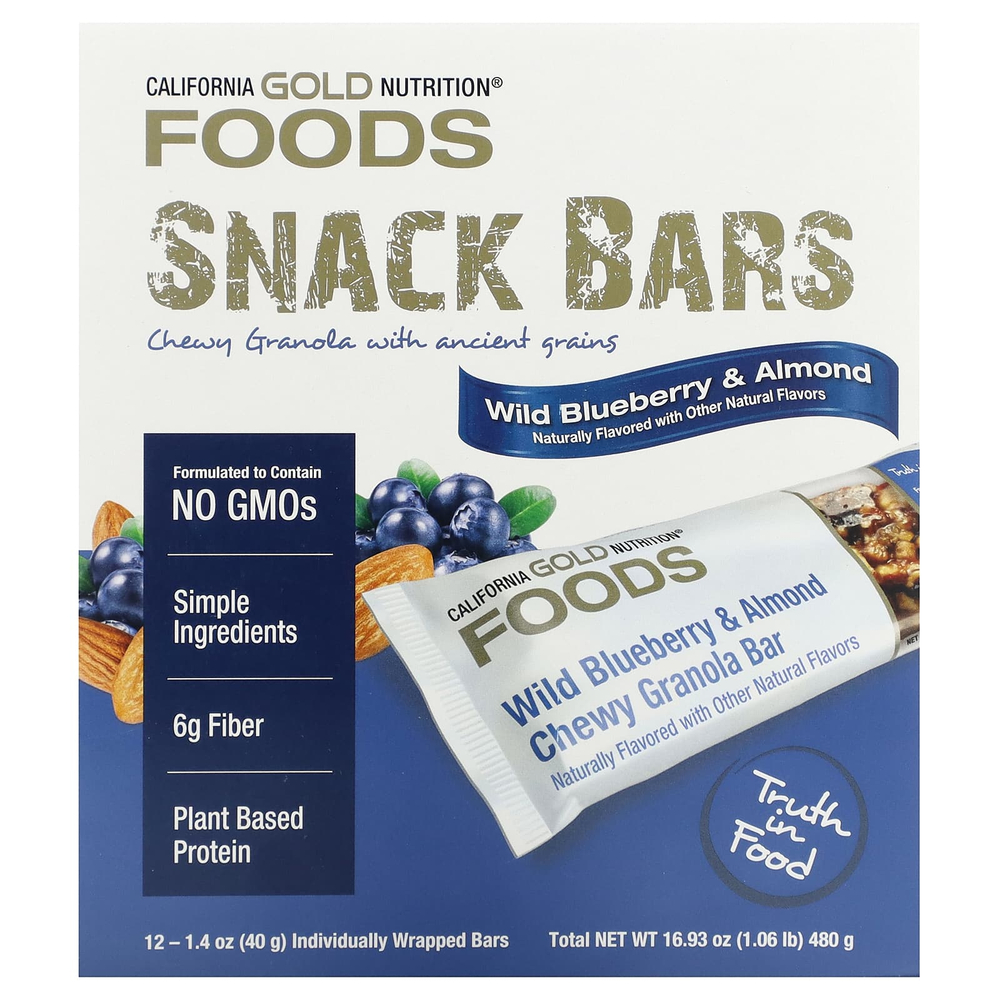 California Gold Nutrition, Foods, жевательные батончики-мюсли с дикой голубикой и миндалем, 12 шт. по 40 г (1,4 унции)